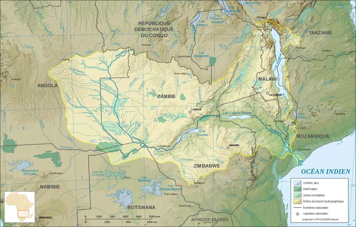 mapa de Zambia mostrando los ríos y los lagos