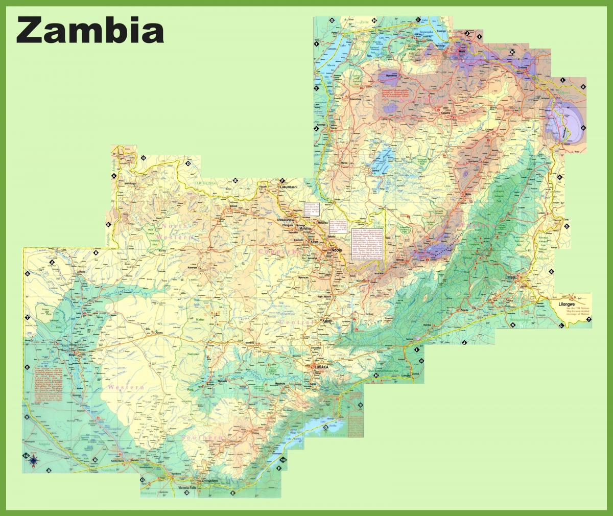 mapa de Zambia, mostrando todos los pueblos